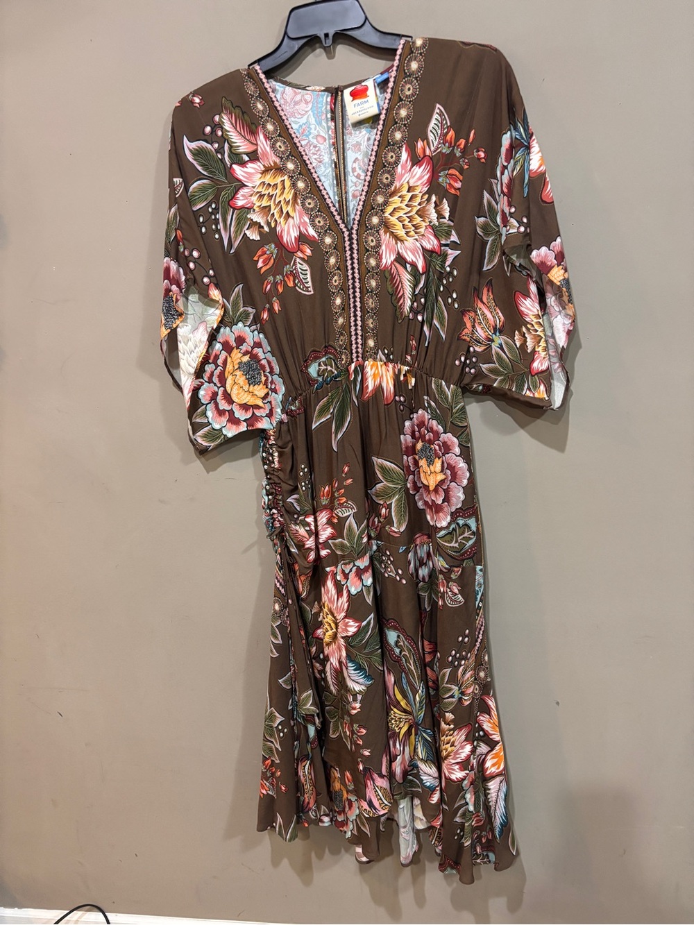 Farm Rio x Anthropologie Valentina Ruched Floral Midi Dress Brown Size PM Petite - Picture 5 of 10